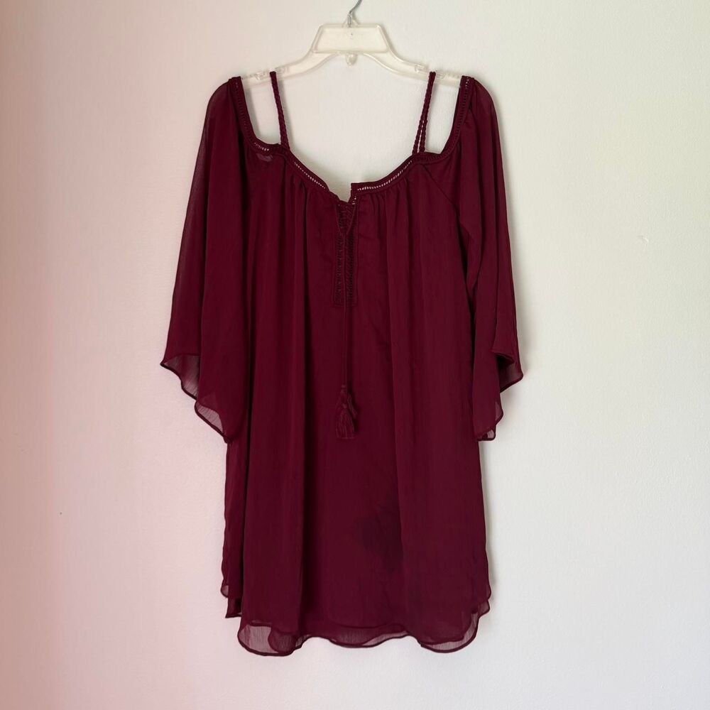 Burgundy sheer blouse/dress tassel details tie front SMALL top